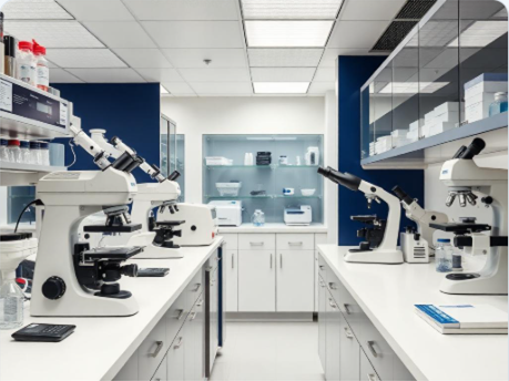 Clinical laboratory with microscopes and diagnostic workstations